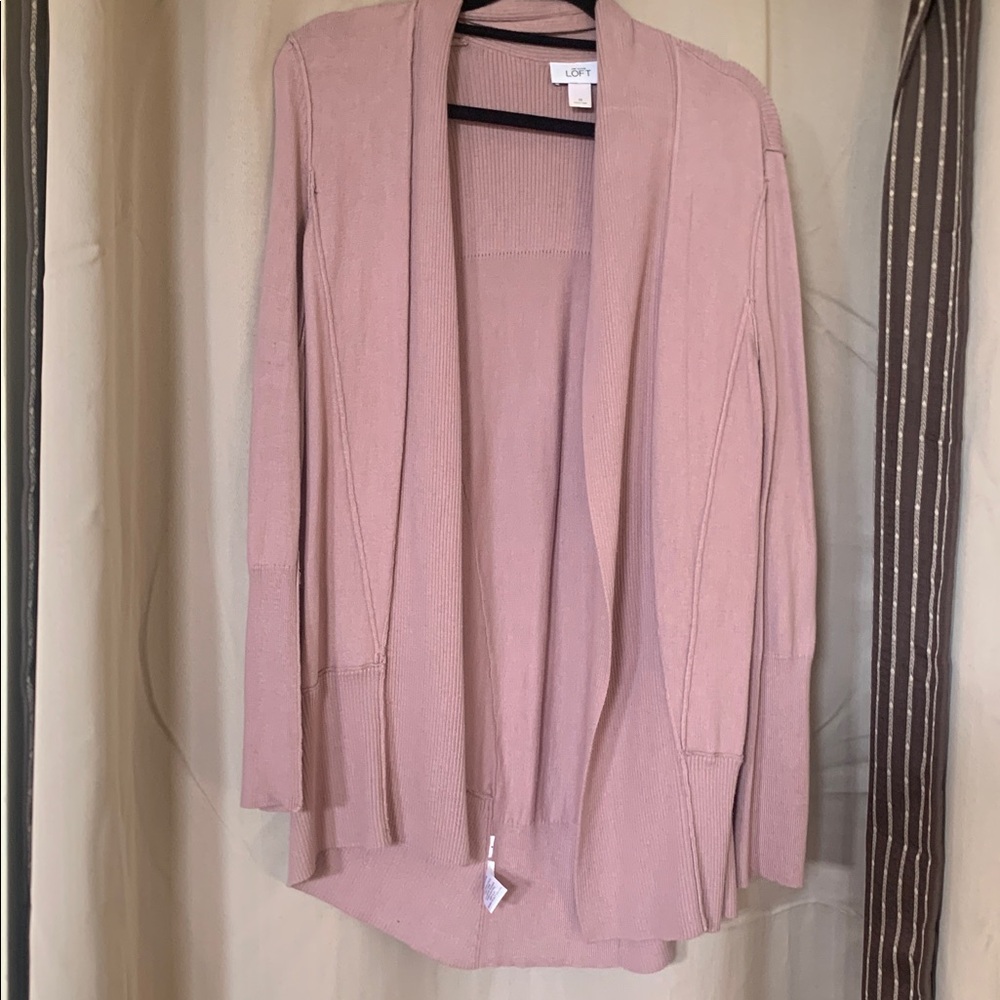 Loft Sweater Jacket Cardigan L Open Front violet Textured Knit 33" Long